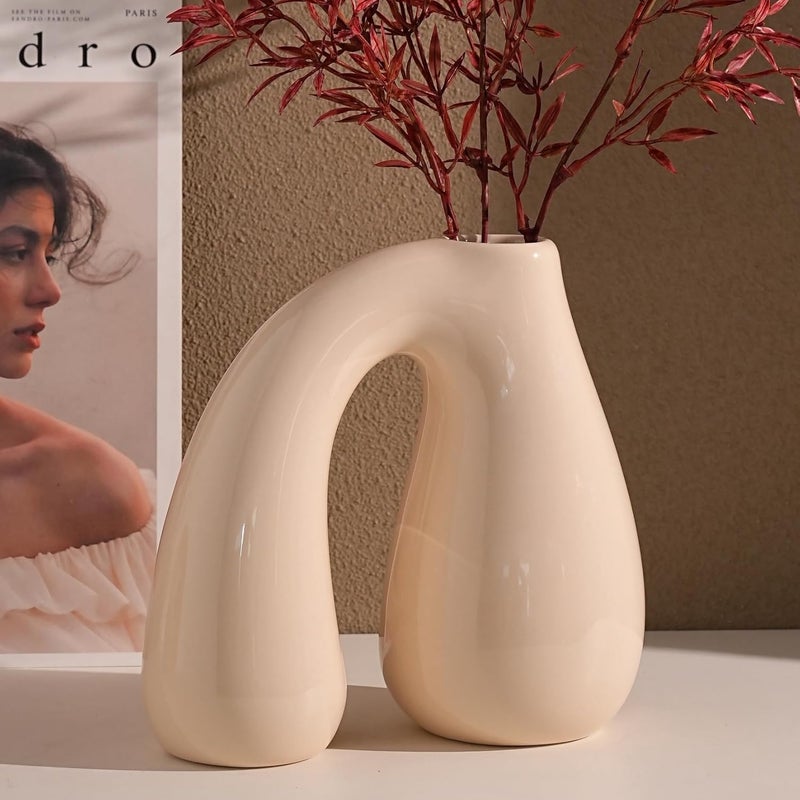 PROBENEX Cream White Ceramic Decorative Pitcher Vase, 7.5 in – Glossy Sculptural Arch-Handle, Modern Home Décor Accent for Fresh or Dried Floral Arrangements, Table/Shelf/Entryway, Giftable - Image 5